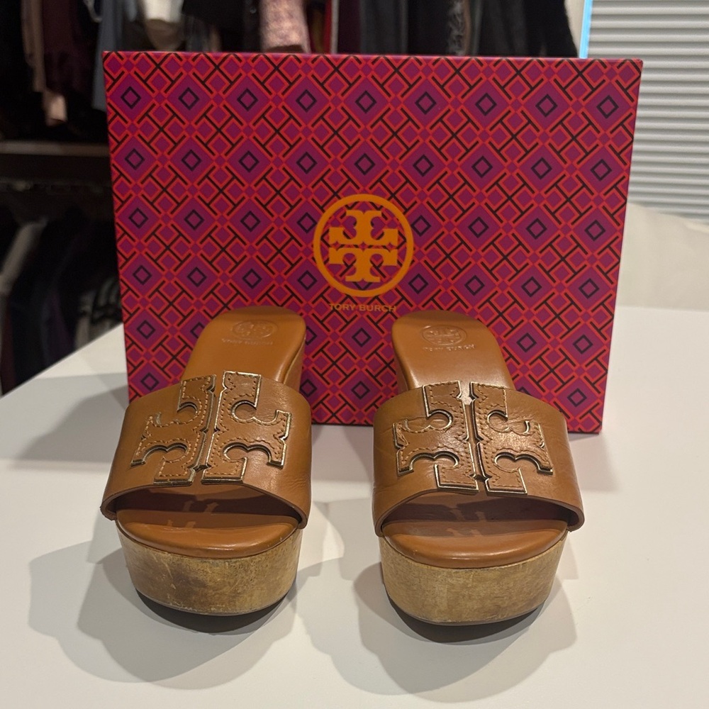 Tory Burch Tan Leather Platform Logo Slide Sandals